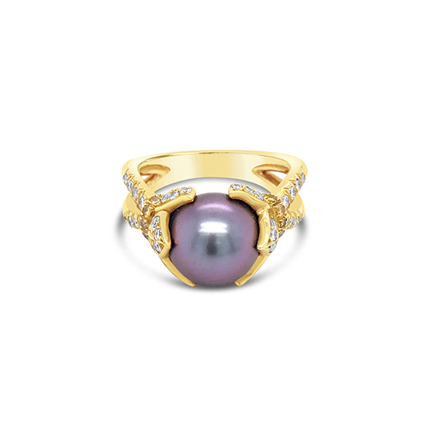TAHITIAN PEARL AND DIAMOND RING, SET IN 18CT YELLOW GOLD (Image 2)