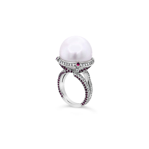 SOUTH SEA PEARL, RUBY AND DIAMOND RING IN 18CT WHITE GOLD (Image 3)