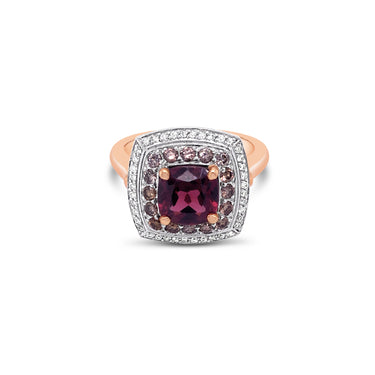 1.93CT RHODOLITE GARNET AND DIAMOND CUSHION CUT RING