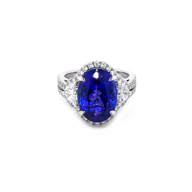6.73CT OVAL SHAPE TANZANITE AND DIAMOND RING SET IN 18CT WHITE GOLD