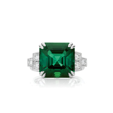 5.52ct ASSCHER CUT GREEN TOURMALINE AND DIAMOND RING IN 18CT WHITE GOLD