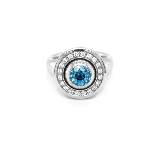 JORG HEINZ 'MAGIC' 18CT WHITE GOLD BLUE ZIRCON BLACK AND WHITE DIAMOND RING (Image 1)