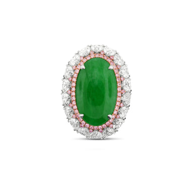 PLATINUM OVAL GREEN JADE CABOCHON PINK AND WHITE DIAMOND DRESS RING