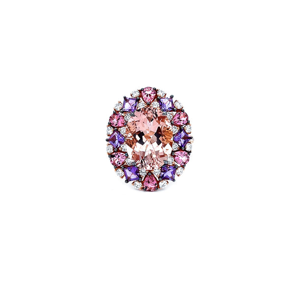 18CT ROSE GOLD 'MADAME POMPADOUR' MORGANITE, AMETHYST, PINK TOURMALINE AND DIAMOND RING (Image 1)