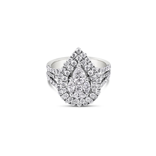 18CT WHITE GOLD PEARSHAPED DOUBLE HALO DIAMOND DRESS RING (Image 1)