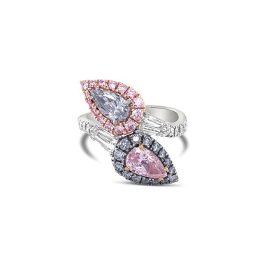 18CT WHITE GOLD AND ROSE GOLD FANCY PINK AND FANCY BLUE PEAR SHAPED DIAMOND RING