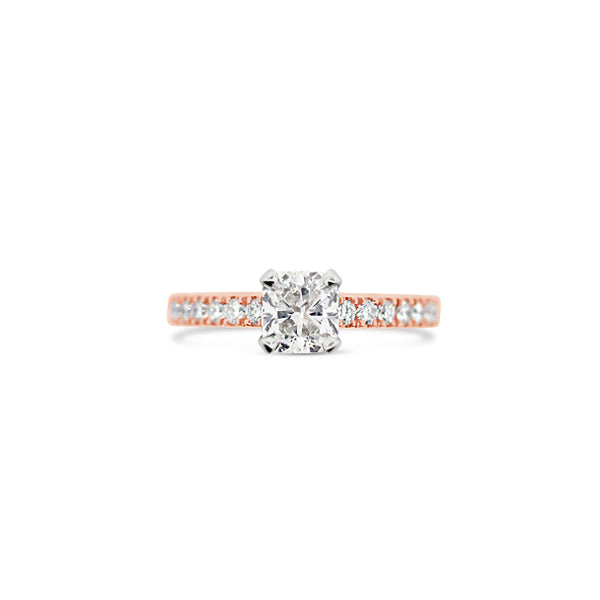18CT WHITE AND ROSE GOLD CUSHION CUT AND ROUND BRILLIANT CUT DIAMOND RING (Image 1)