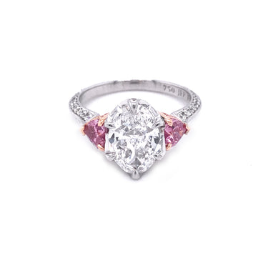 2.02CT OVAL CUT DIAMOND RING WITH HEART SHAPED ARGYLE PINK DIAMONDS