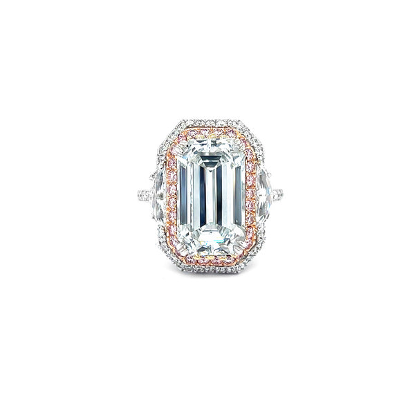 18CT WHITE GOLD 7.09CT EMERALD CUT DOUBLE HALO WHITE AND PINK DIAMOND RING (Image 2)