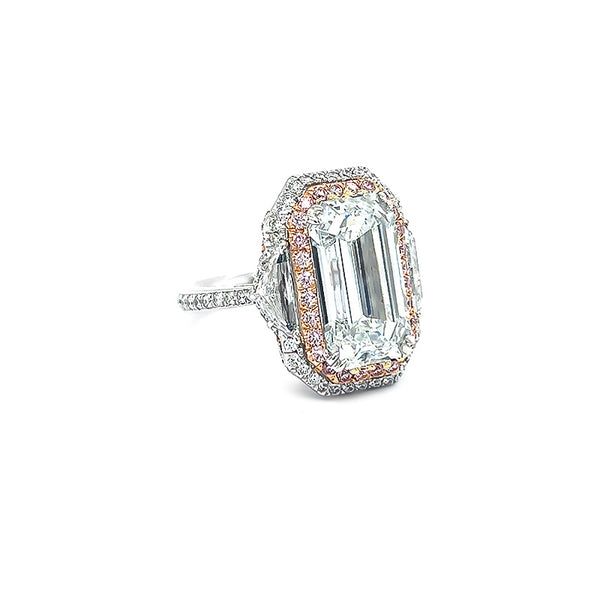18CT WHITE GOLD 7.09CT EMERALD CUT DOUBLE HALO WHITE AND PINK DIAMOND RING (Image 3)