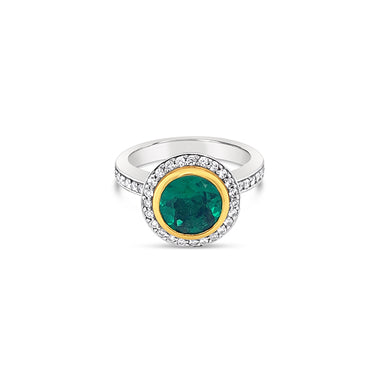 PLATINUM AND 18CT YELLOW GOLD EMERALD AND DIAMOND 'GRACE' RING