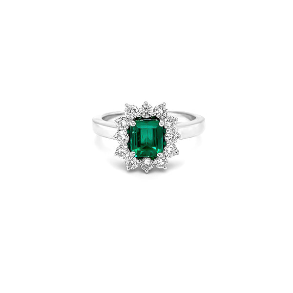 NEW ITALIAN ART 18CT WHITE GOLD 1.05CT EMERALD AND DIAMOND CLUSTER STYLE DRESS RING (Image 2)