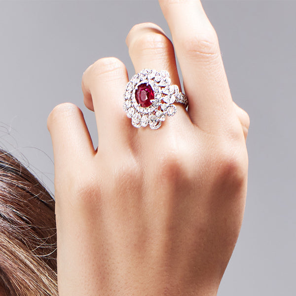 3.57CT OVAL CUT NATURAL RUBY AND DIAMOND CLUSTER DESIGN RING SET IN 18CT WHITE GOLD (Image 6)
