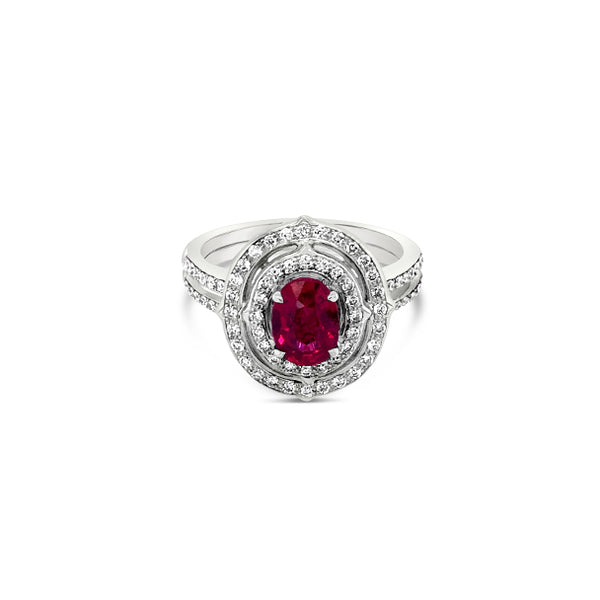 18CT WHITE GOLD RUBY AND PAVE SET DIAMOND RING (Image 1)