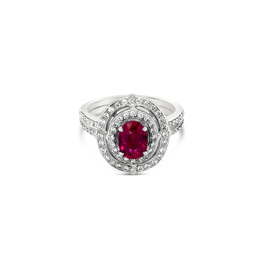 18CT WHITE GOLD RUBY AND PAVE SET DIAMOND RING