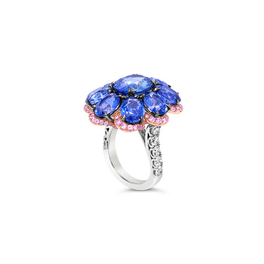 18CT WHITE GOLD AND ROSE GOLD ARGYLE PINK DIAMOND 'UNHEATED' MADAGASCAN SAPPHIRE CLUSTER STYLE DRESS RING