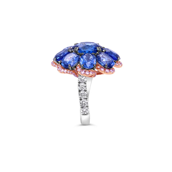 18CT WHITE GOLD AND ROSE GOLD ARGYLE PINK DIAMOND 'UNHEATED' MADAGASCAN SAPPHIRE CLUSTER STYLE DRESS RING (Image 4)