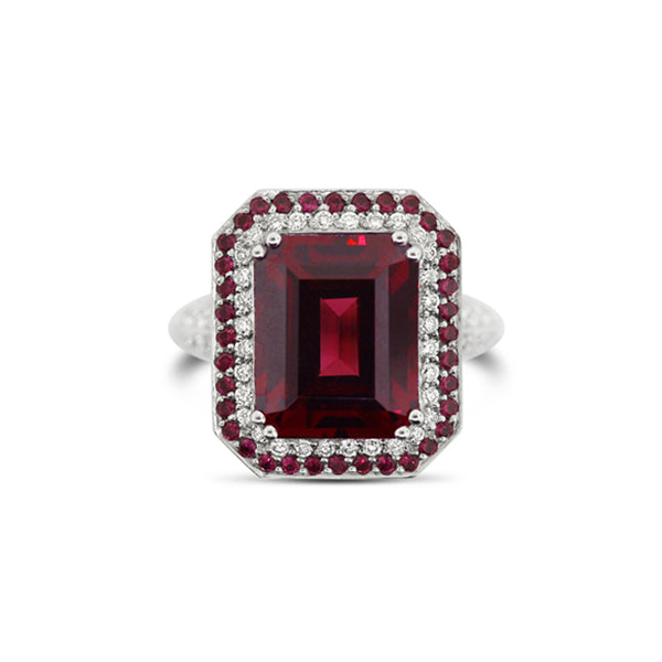 18CT WHITE AND ROSE GOLD RHODOLITE GARNET RUBY AND DIAMOND DRESS RING (Image 1)