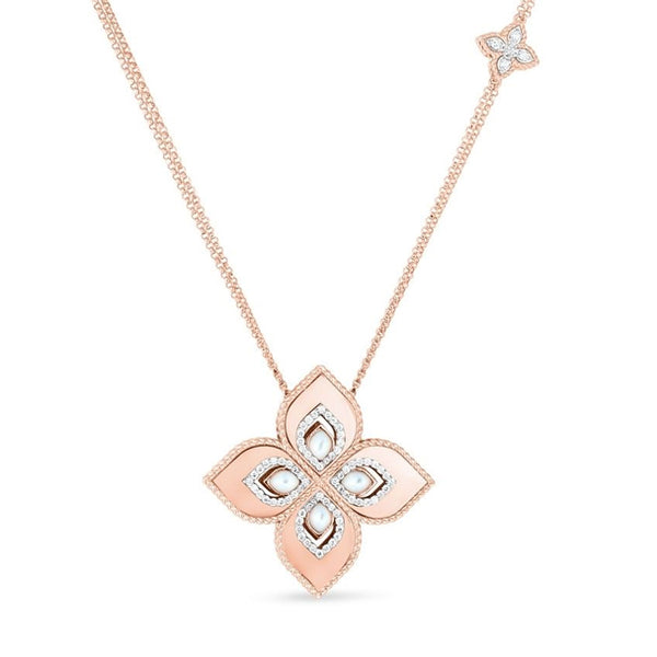 ROBERTO COIN PRINCESS FLOWER 18CT ROSE AND WHITE GOLD MOTHER OF PEARL AND DIAMOND NECKLACE (Image 1)
