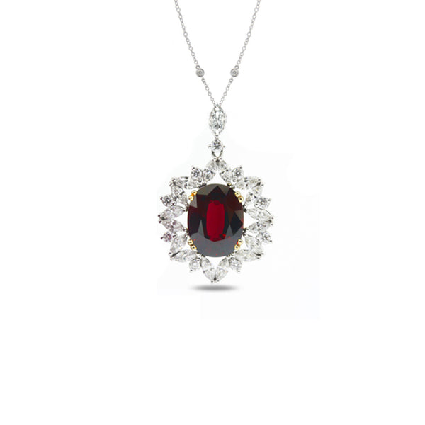 18CT WHITE AND YELLOW GOLD OVAL RUBY AND DIAMOND CLUSTER PENDANT (Image 2)