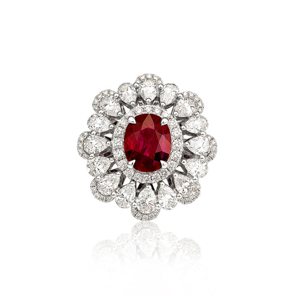 3.57CT OVAL CUT NATURAL RUBY AND DIAMOND CLUSTER DESIGN RING SET IN 18CT WHITE GOLD (Image 2)