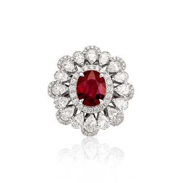 3.57CT OVAL CUT NATURAL RUBY AND DIAMOND CLUSTER DESIGN RING SET IN 18CT WHITE GOLD