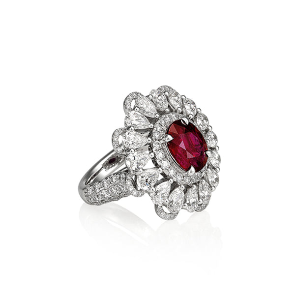 3.57CT OVAL CUT NATURAL RUBY AND DIAMOND CLUSTER DESIGN RING SET IN 18CT WHITE GOLD (Image 3)
